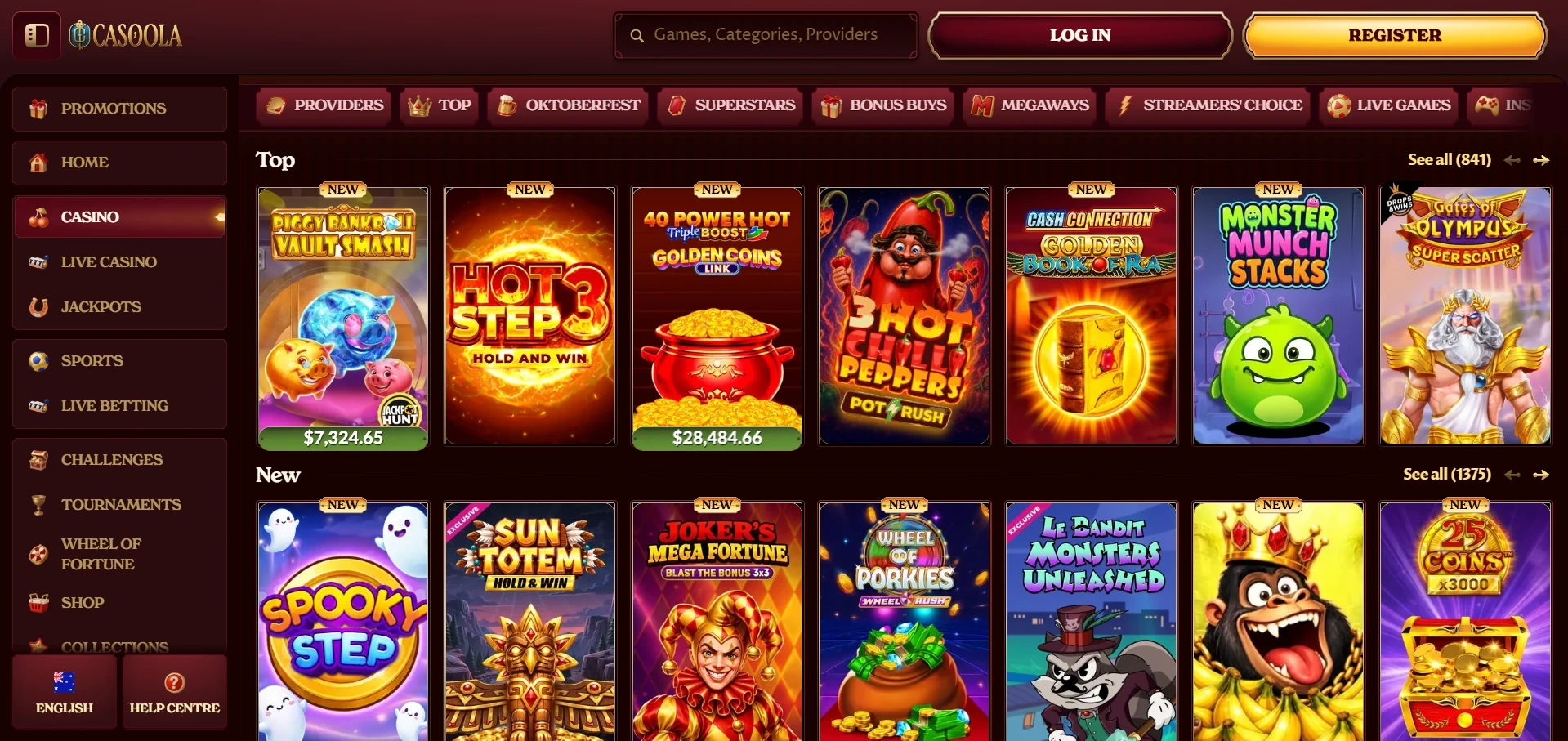 Casoola lobby with rows of game thumbnails